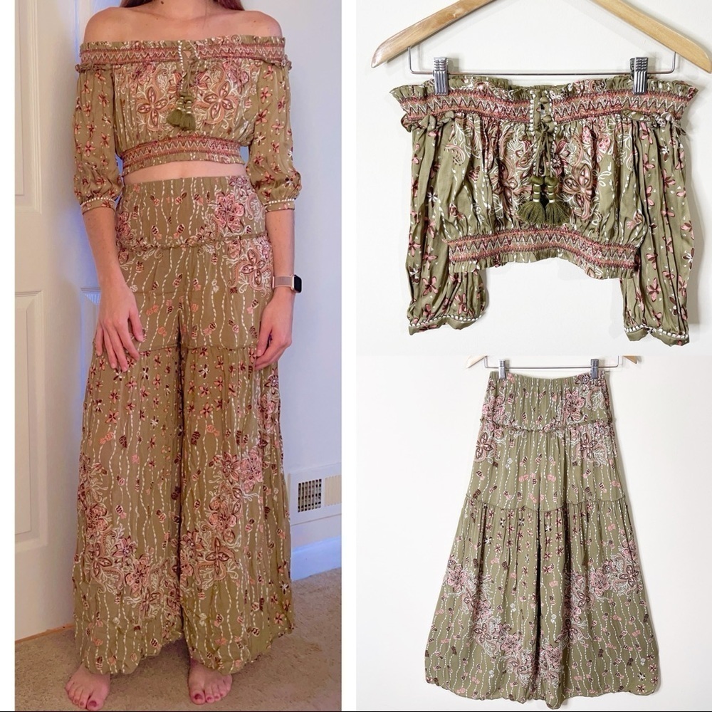 Poupette St. Barth Green Floral Pineapple Crop Top & Wide Leg Elise Pants Set